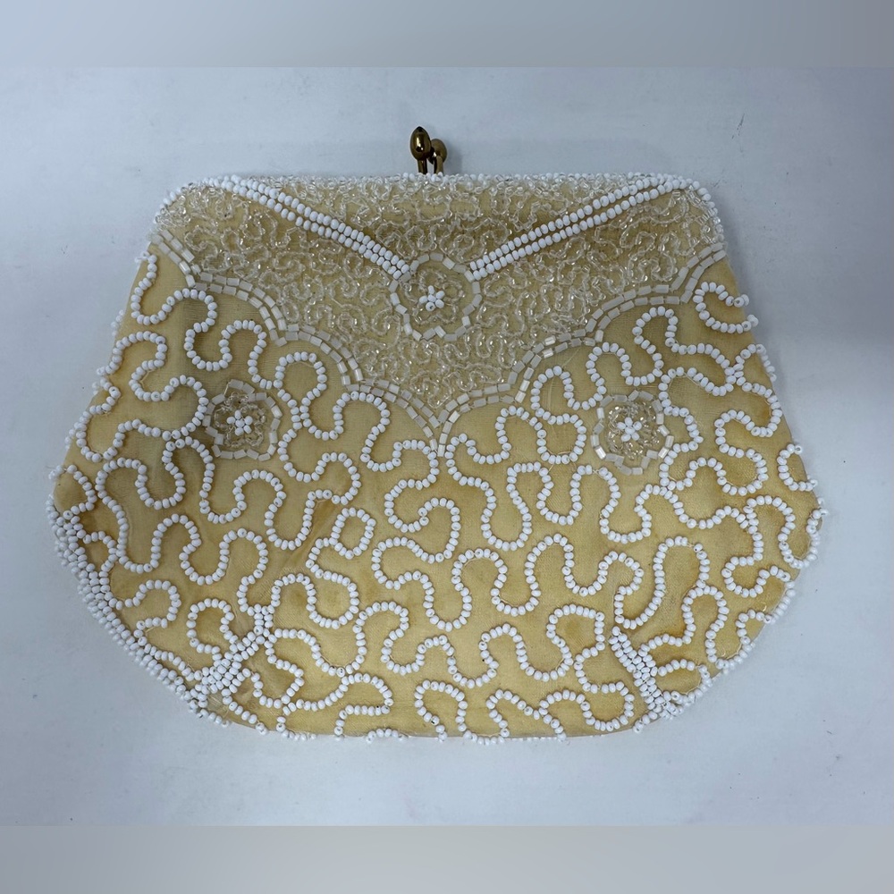 Vintage Woodward Lothrop Fully Beaded Cream Purse Formal Evening Bag Satin Lined